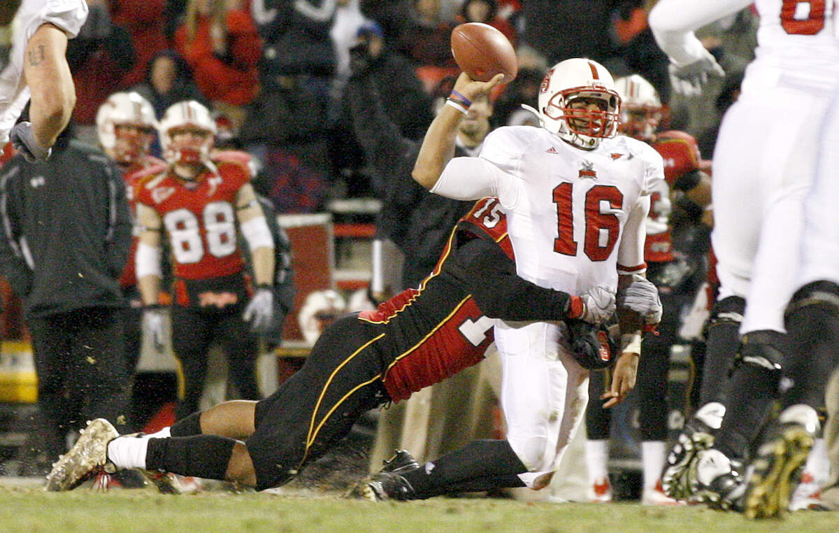 N.C. State’s Russell Wilson (16) is sacked by Maryland’s Drew Gloster on a fourth-and-goal play in the fourth quarter of the Wolfpack’s 38-31 loss in 2010.