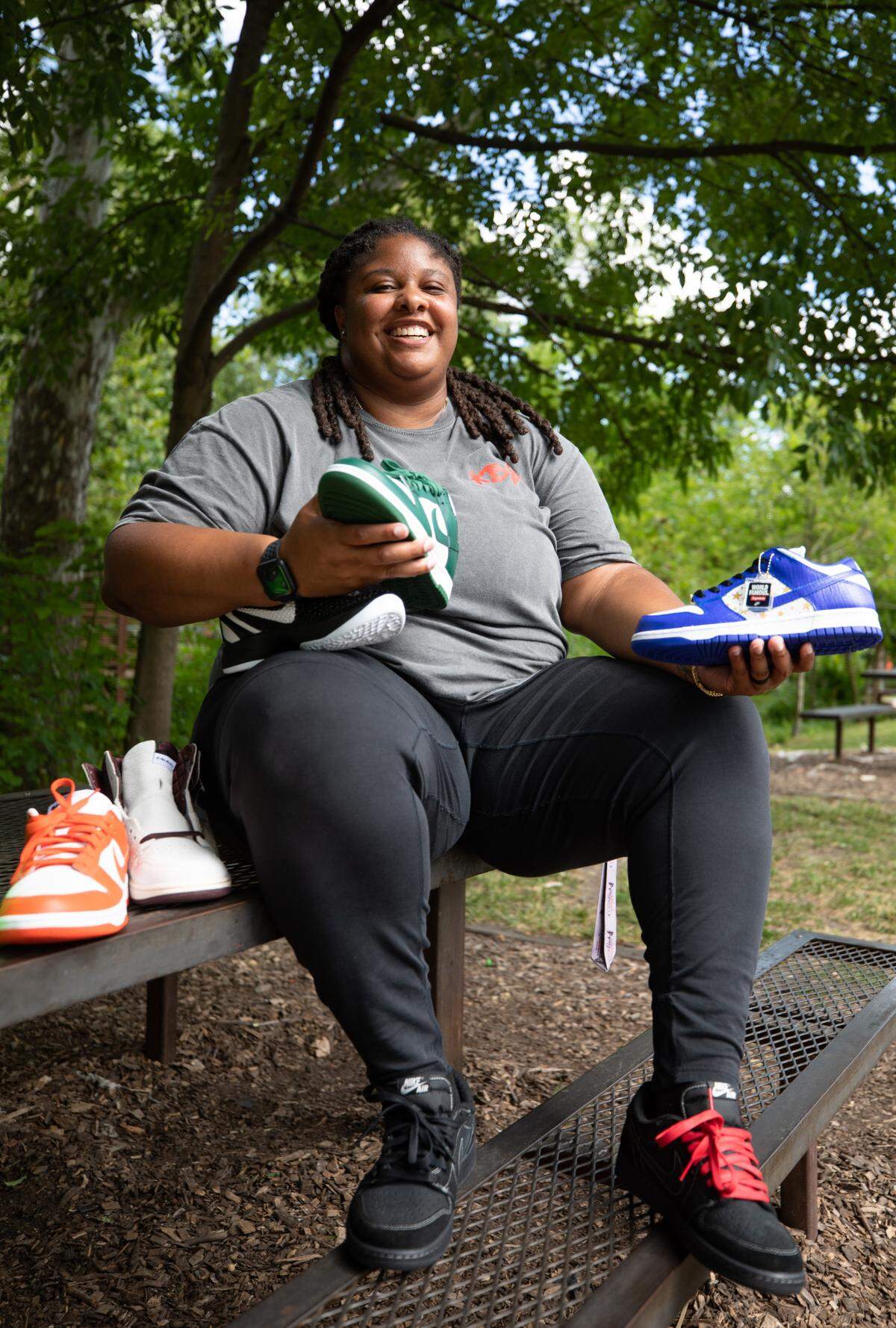 Kala Nwachukwu poses for a portrait at Durham Central Park in Durham, N.C. on Monday, June 12, 2023. Nwachukwu has over 150 pairs of sneakers in her closet, a passion which in 2014 led her to start The Kickback Sneaker Expo. The biannual event, which will take place at the Raleigh Convention Center this weekend, drew 4,000 attendees last year.