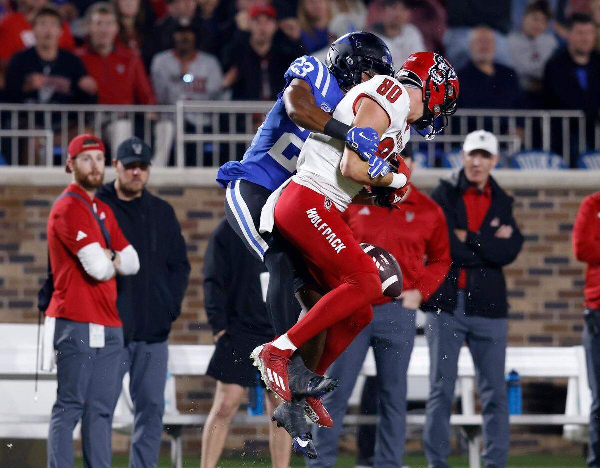 Duke’s Terry Moore breaks up a pass intended for N.C. State’s Bradley Rozner during the first half of the Blue Devils’ game on Saturday, Oct. 14, 2023, at Wallace Wade Stadium in Durham, N.C.