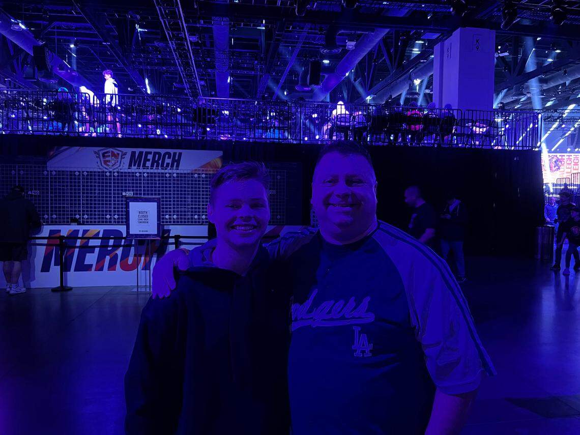 State Rep. Jason Saine, a Lincolnton Republican and proponent of esports, with his son Jackson, at the Fortnite Champion Series Invitational tournament in Raleigh, N.C. on Saturday, Nov. 12, 2022.
