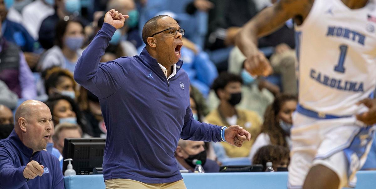 North Carolina coach Hubert Davis reacts after a turnover by his team in the second half against UNC-Asheville on Tuesday, November 23, 2021 at the Smith Center in Chapel Hill, N.C.