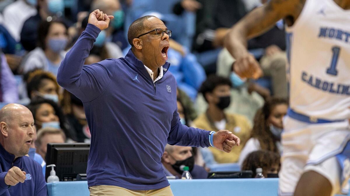 North Carolina coach Hubert Davis reacts after a turnover by his team in the second half against UNC-Asheville on Tuesday, November 23, 2021 at the Smith Center in Chapel Hill, N.C.