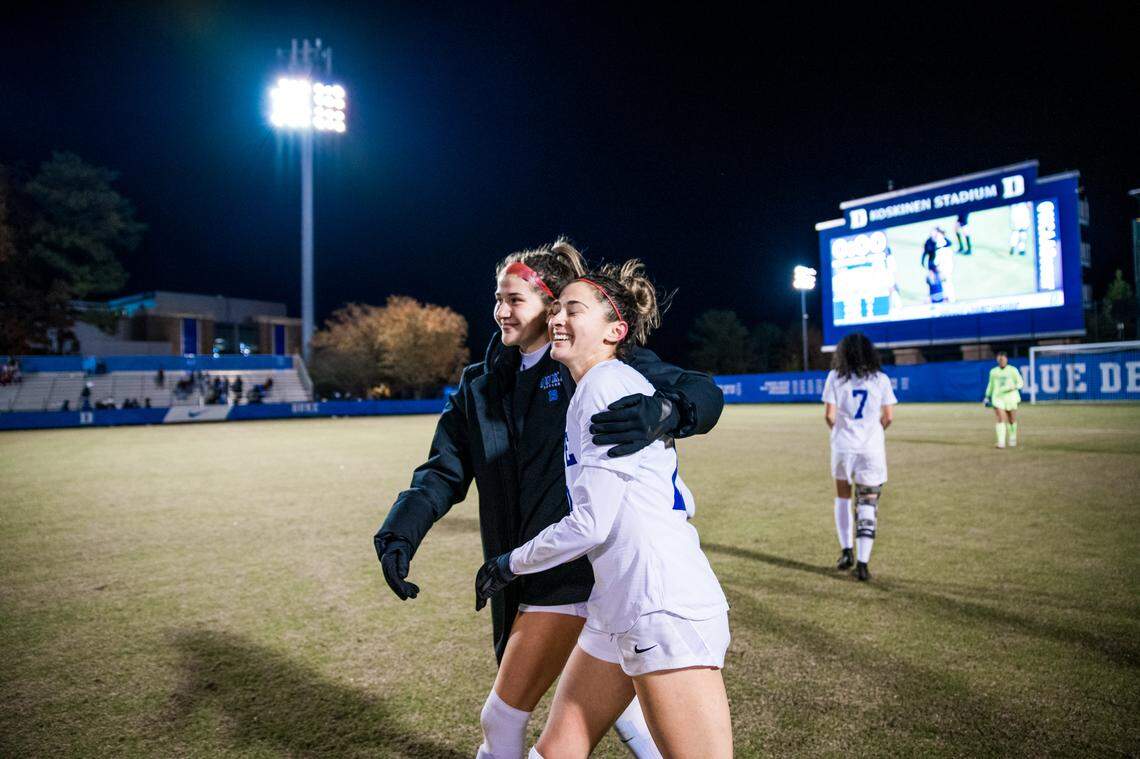 Duke women’s soccer players and sisters Maggie and Delaney Roysons connected for a game-winning goal during the 2021 NCAA tournament. Photo provided by Duke Athletics