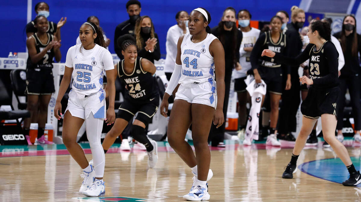 North Carolina’s Deja Kelly (25) and Janelle Bailey (44) walk off the court at the final buzzer during Wake Forest’s 82-71 victory over UNC in second round of the ACC Women’s Basketball Tournament in Greensboro, N.C., Thursday, March 4, 2021.