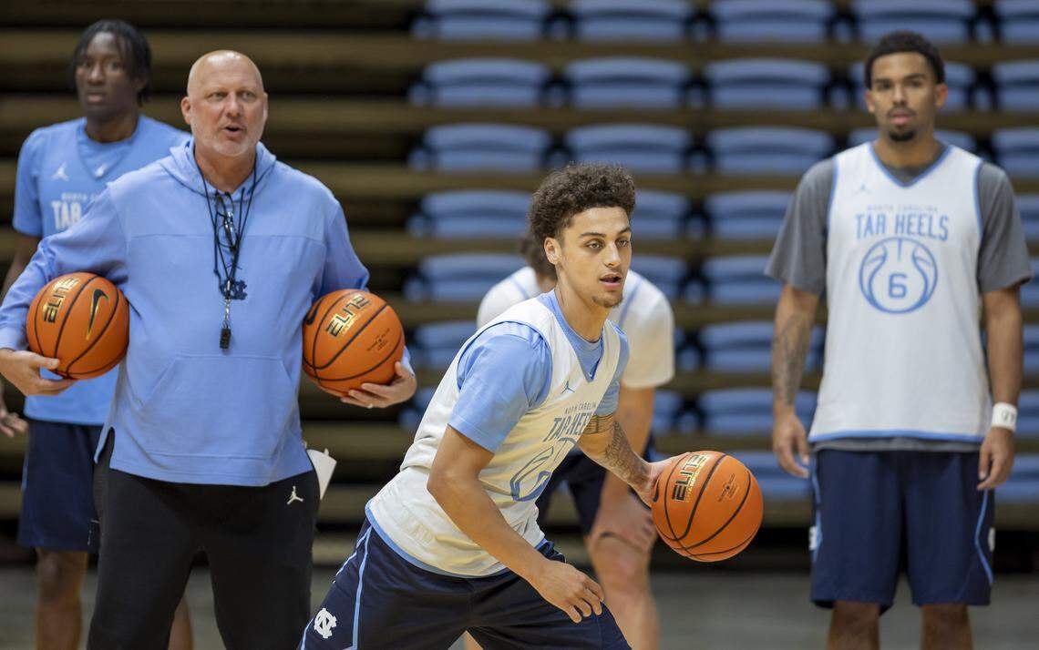North Carolina guard Kyan Evans (0) works out during practice on Thursday, October 9. 2025 at the Smith Center in Chapel Hill, N.C.