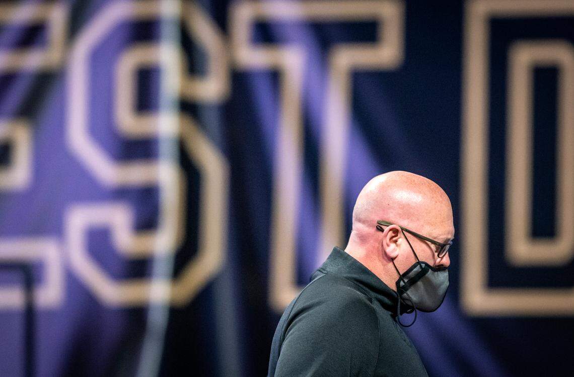 Wake Forest head coach Steve Forbes walks off the court after he was assessed double technical fouls and thrown out of the game in the first half of the Demon Deacons’ game against Duke on Wednesday, Feb. 17, 2021 in Winston-Salem, N.C.