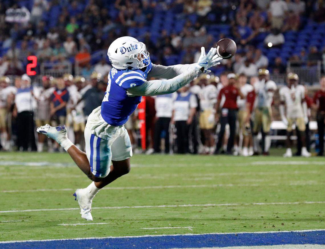 Duke’s Jordan Moore reaches to catch a pass, but the ball falls incomplete during the second half of the Blue Devils’ 26-3 win over Elon on Friday, Aug. 30, 2024, at Wallace Wade Stadium in Durham, N.C.