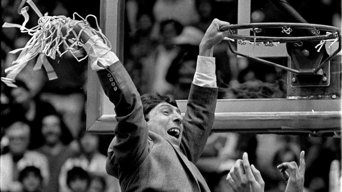 NC State’s Jim Valvano celebrates after the Wolfpack defeated Houston to win the National championship on April 5, 1983.