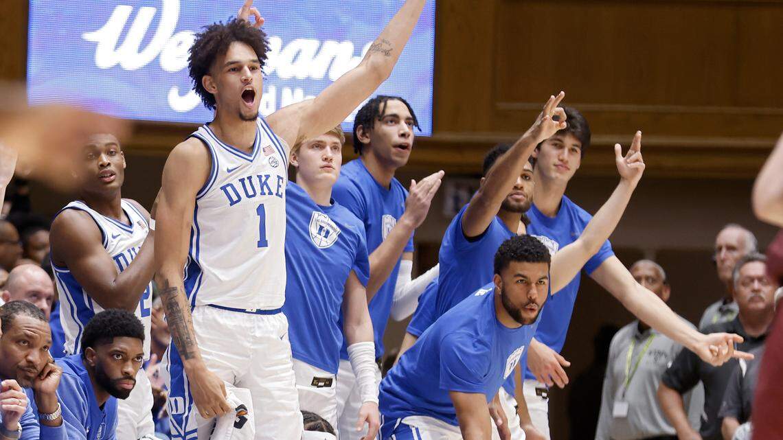 The Duke bench reacts during the first half of the Blue Devils’ game against Bellarmine at Cameron Indoor Stadium on Monday, Nov. 21, 2022, in Durham, N.C.
