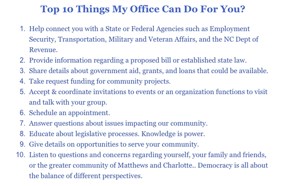 Rep. Laura Budd, a Charlotte Democrat, provides constituents with this list of examples of issues they can reach out to her office for help with. Screenshot from a newsletter Budd’s office sent out in 2024.