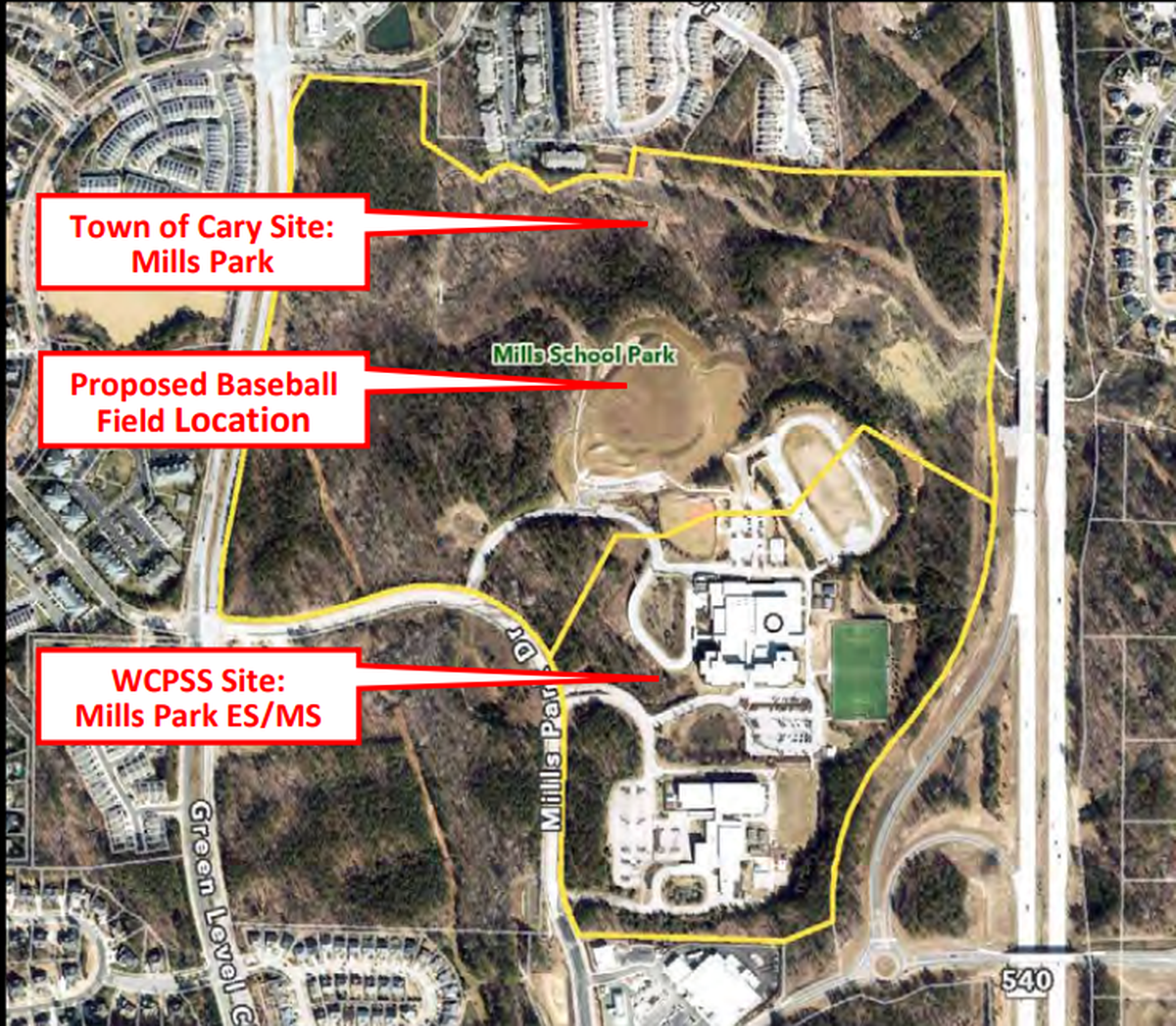 A baseball field at Mills Park in Cary would be near the future Morrisville High School slated to open in Morrisville in 2027. The high school would use the field.