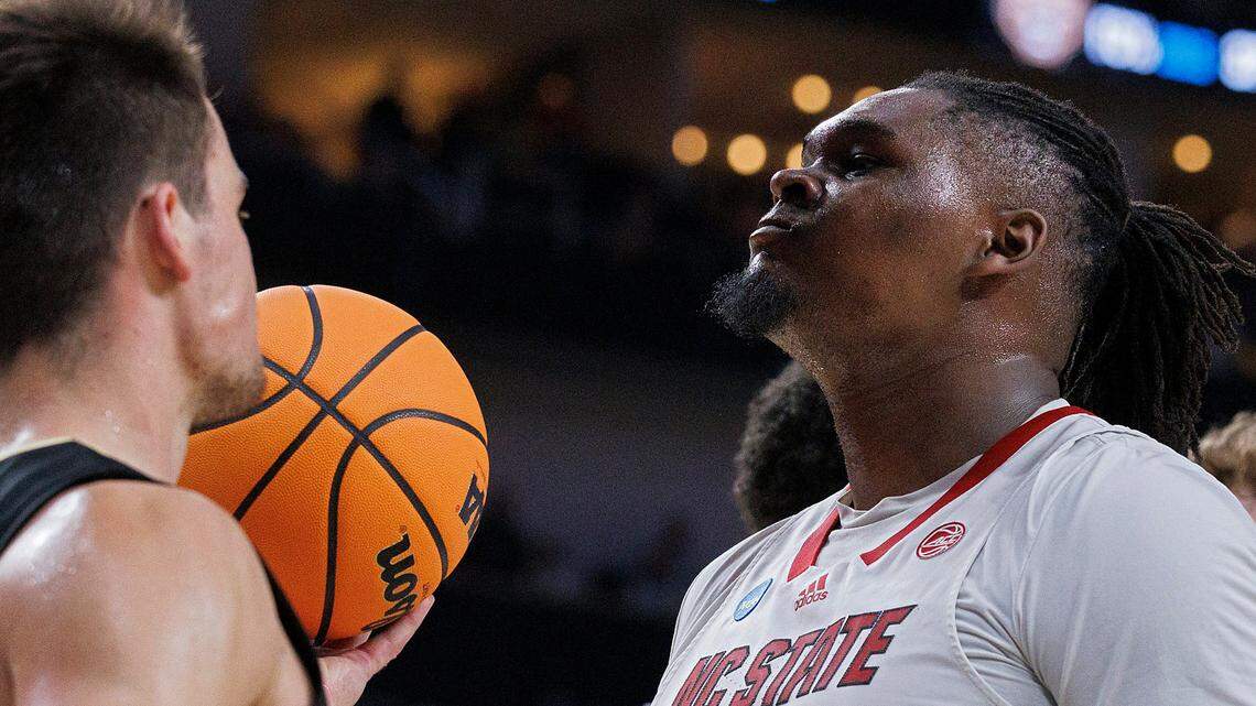 N.C. State’s DJ Burns Jr. reacts after an and-one in the second half of the Wolfpack’s 79-73 overtime win against Oakland in the second round of the NCAA Tournament on Saturday, March 23, 2024, at PPG Paints Arena in Pittsburgh, Pa.