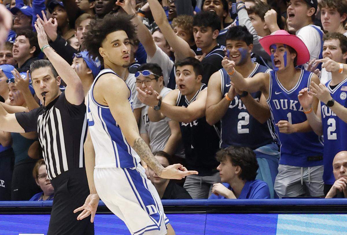 Duke’s Tyrese Proctor (5) reacts after hitting a three-pointer during the first half of Duke’s game against Stanford at Cameron Indoor Stadium in Durham, N.C., Saturday, Feb. 15, 2025.