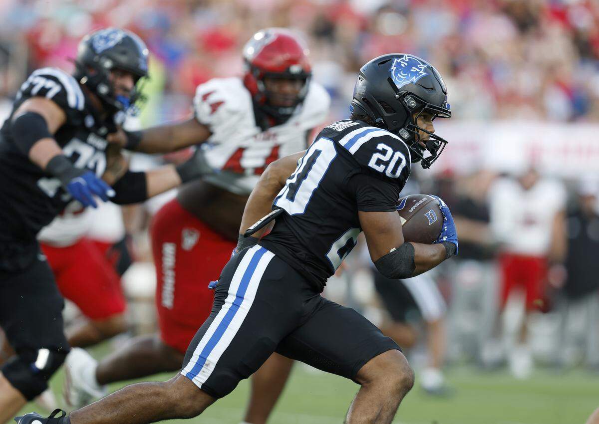 Duke’s Nate Sheppard runs the ball during the second half of the Blue Devils’ 45-33 win over N.C. State on Saturday, Sept. 20, 2025, at Wallace Wade Stadium in Durham, N.C.