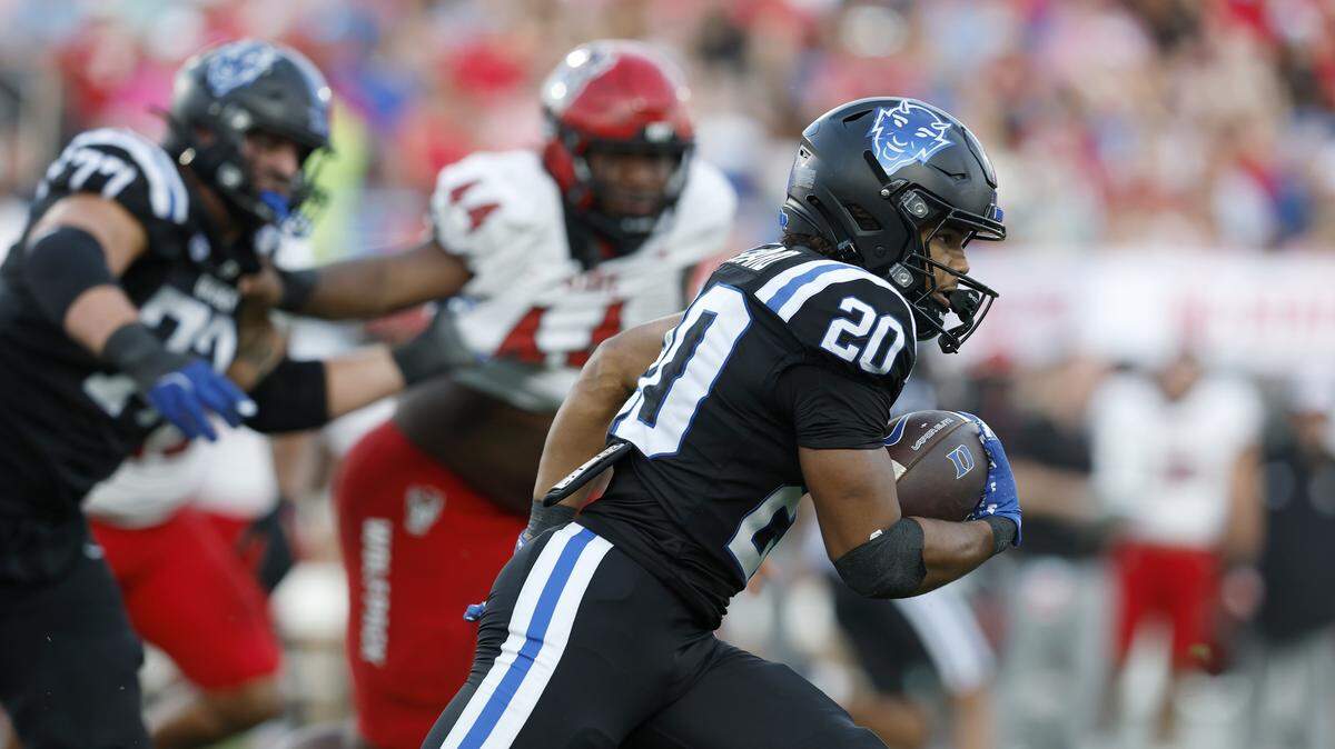 Duke’s Nate Sheppard runs the ball during the second half of the Blue Devils’ 45-33 win over N.C. State on Saturday, Sept. 20, 2025, at Wallace Wade Stadium in Durham, N.C.