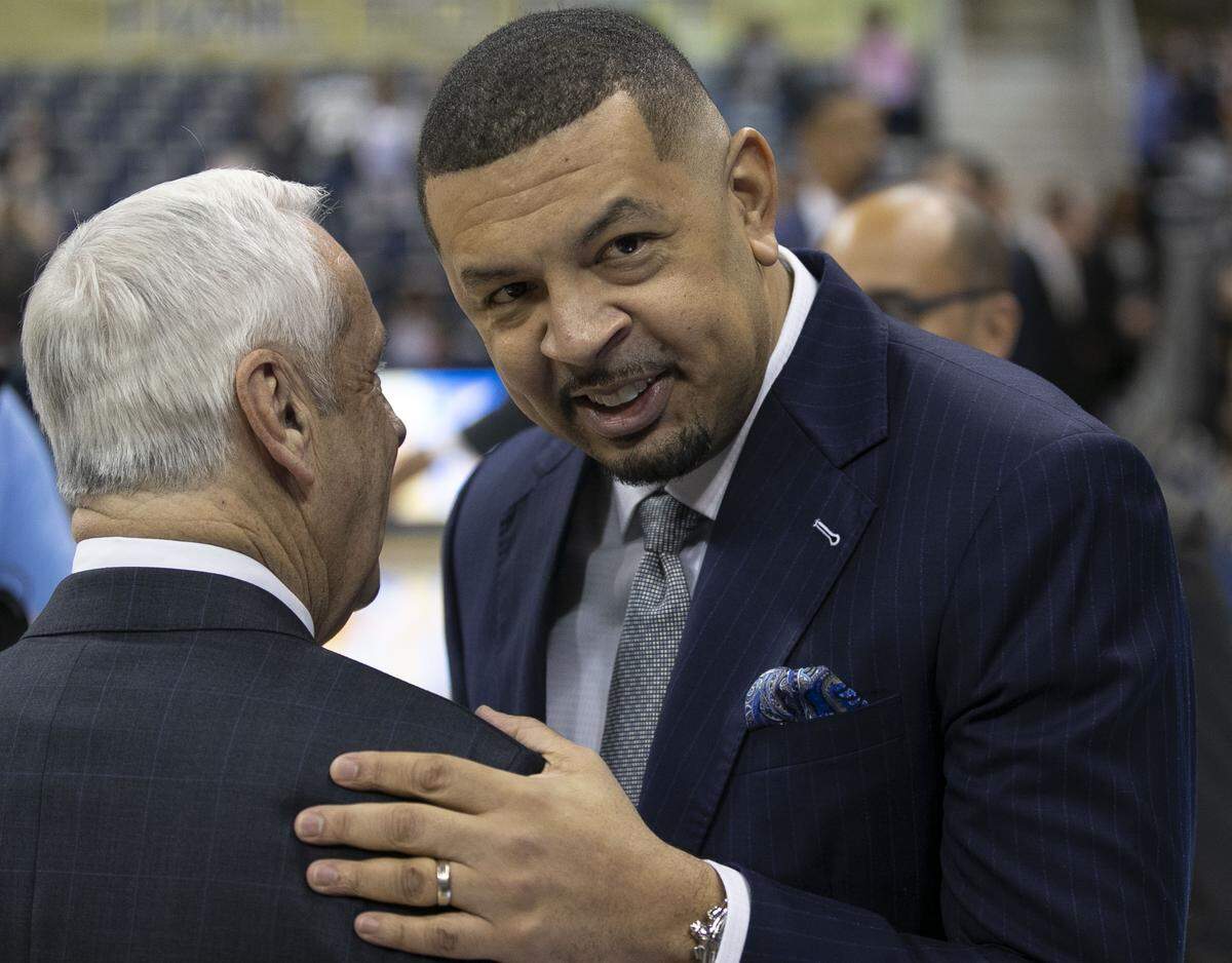 Pitt coach Jeff Capel greets North Carolina coach Roy Williams prior to their game on Saturday, January 5, 2019 at Peterson Events Center in Pittsburgh, Pa.