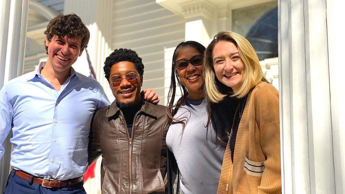 From left, North Carolina Democratic Party 1st Vice Chair Jonah Garson, 3rd Vice Chair Elijah King, 2nd Vice Chair Kimberly Hardy and Chair Anderson Clayton, pictured soon after their election in February 2023 at NCDP headquarters in downtown Raleigh, N.C.