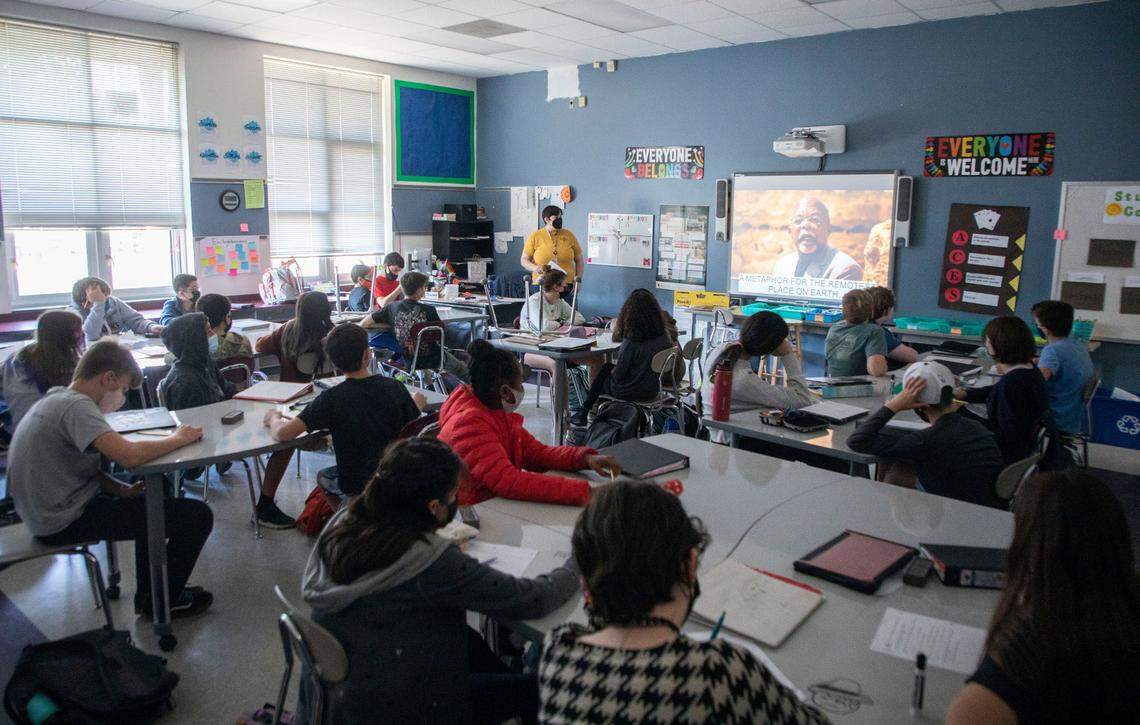 Social studies teacher Jessica Caso teaches her 7th graders about African history at McDougle Middle School in Chapel Hill, N.C. on Friday, Feb. 18, 2022.