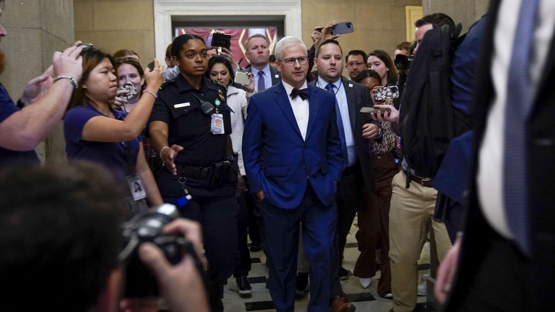 Oct 4, 2023; Washington, D.C., USA:  Speaker Pro-Tempore Patrick McHenry (R-N.C.), center, returns to the Speaker of the House office in the United States Capitol after gaveling in the House on Wednesday, Oct. 4, 2023. McHenry was appointed temporary Speaker Pro Tempore after Kevin McCarthy became the first Speaker of the House to be stripped of his role during a legislative term in U.S. history. Mandatory Credit: Jack Gruber-USA TODAY
