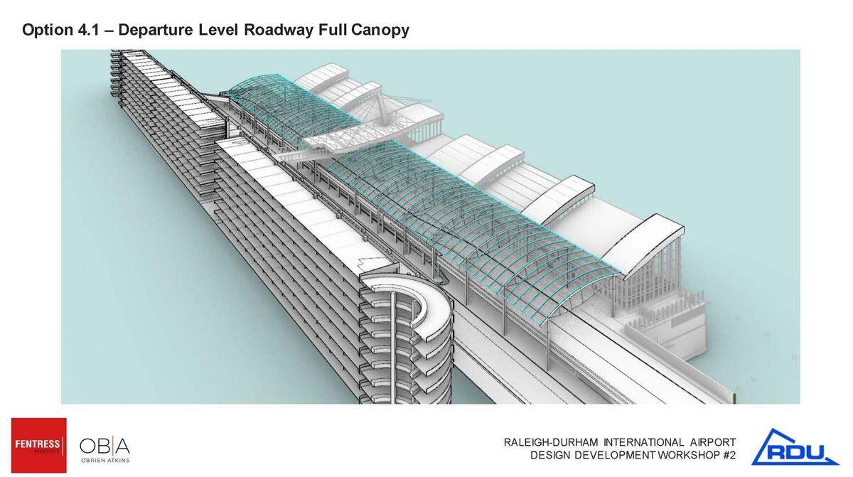 The Raleigh-Durham Airport Authority agreed to build a canopy over the drop-off zone in front of Terminal 2, if it can be done for $40 million or less. This diagram shows what such a canopy might look like.