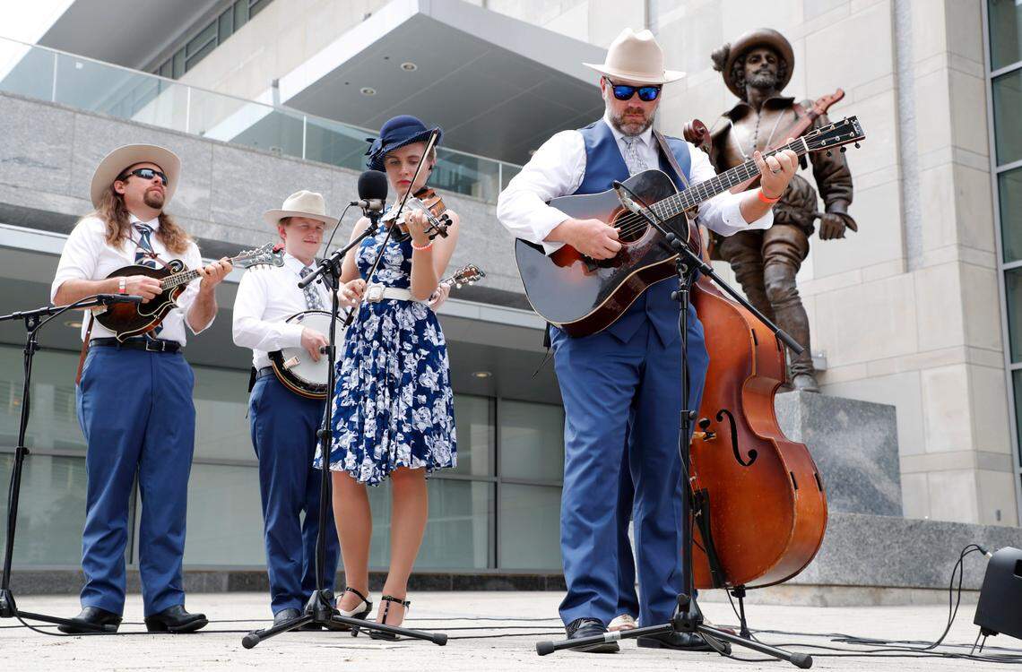 Carolina Blue perform outside the Raleigh Convention Center Friday, August 28, 2020.