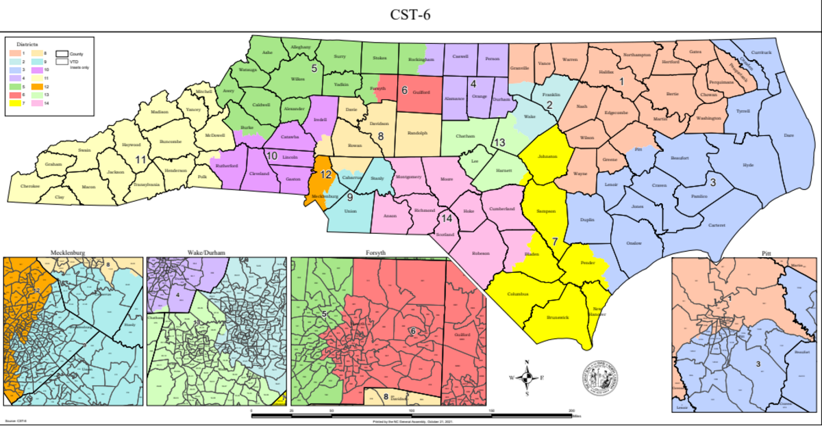 One of the potential congressional maps for North Carolina in the 2021 redistricting process, drawn by a Democratic state senator.
