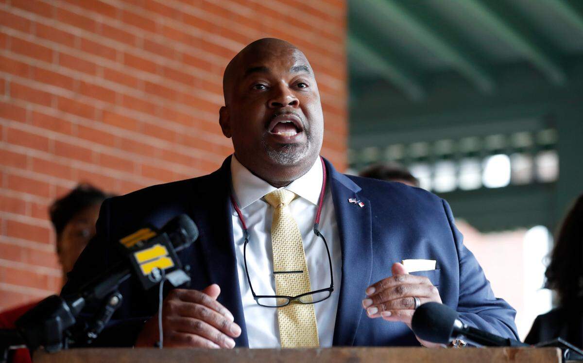 Lt. Gov. Mark Robinson speaks during a press conference in Raleigh, N.C., Tuesday, March 16, 2021. Robinson talked about the creation of a task force to address complaints about indoctrination in public schools.