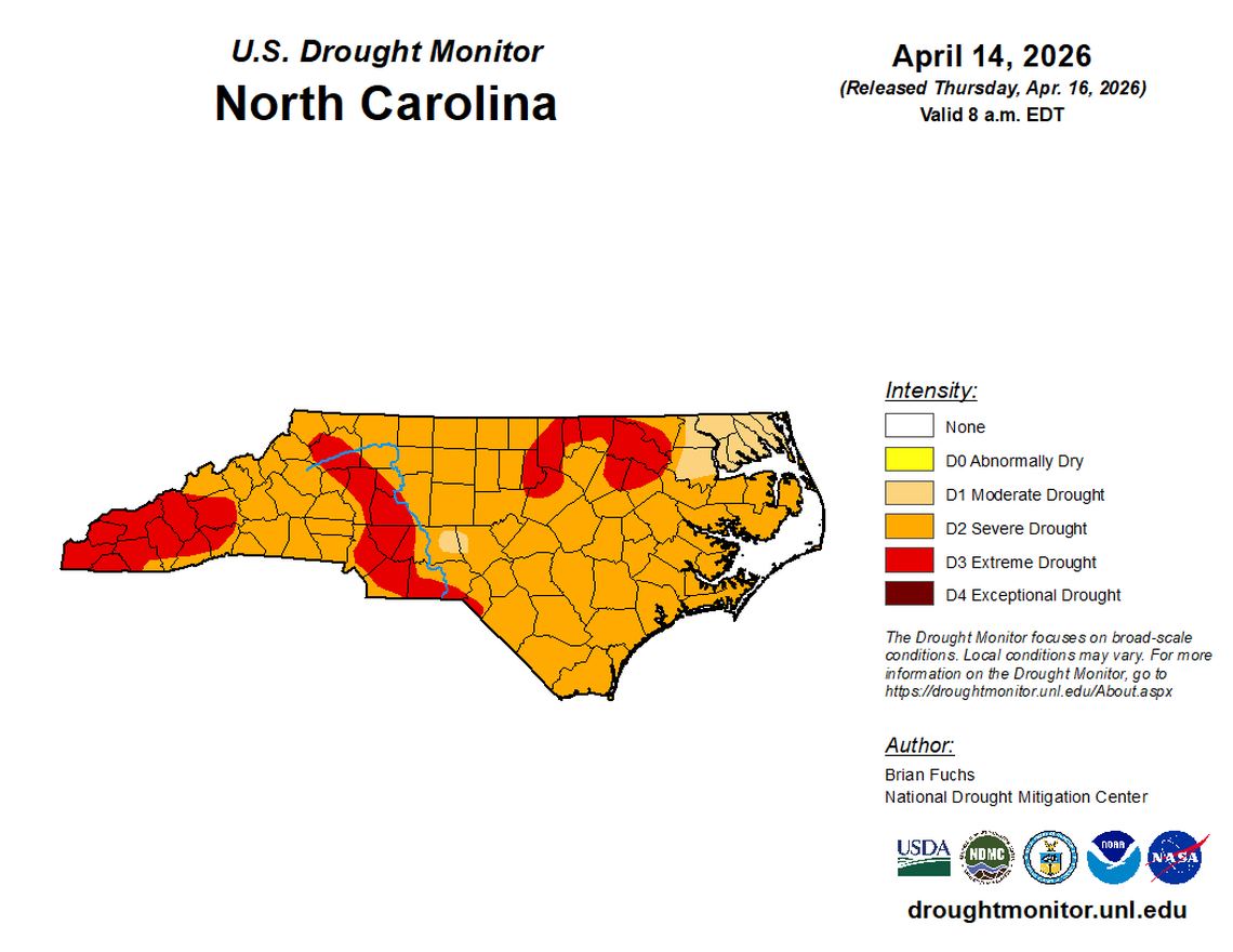 North Carolina drought status from US Drought Monitor released April 16, 2026.