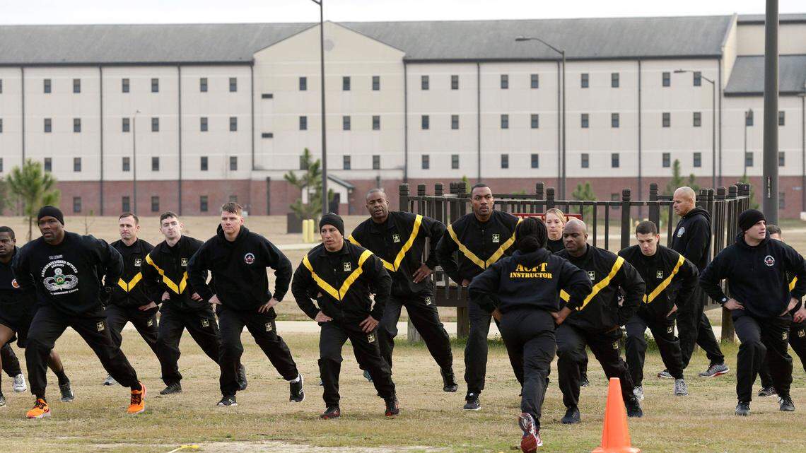 In this photo taken Tuesday, Jan. 8, 2019, U.S Army troops training to serve as instructors participate in the new Army combat fitness test at Fort Bragg, NC.