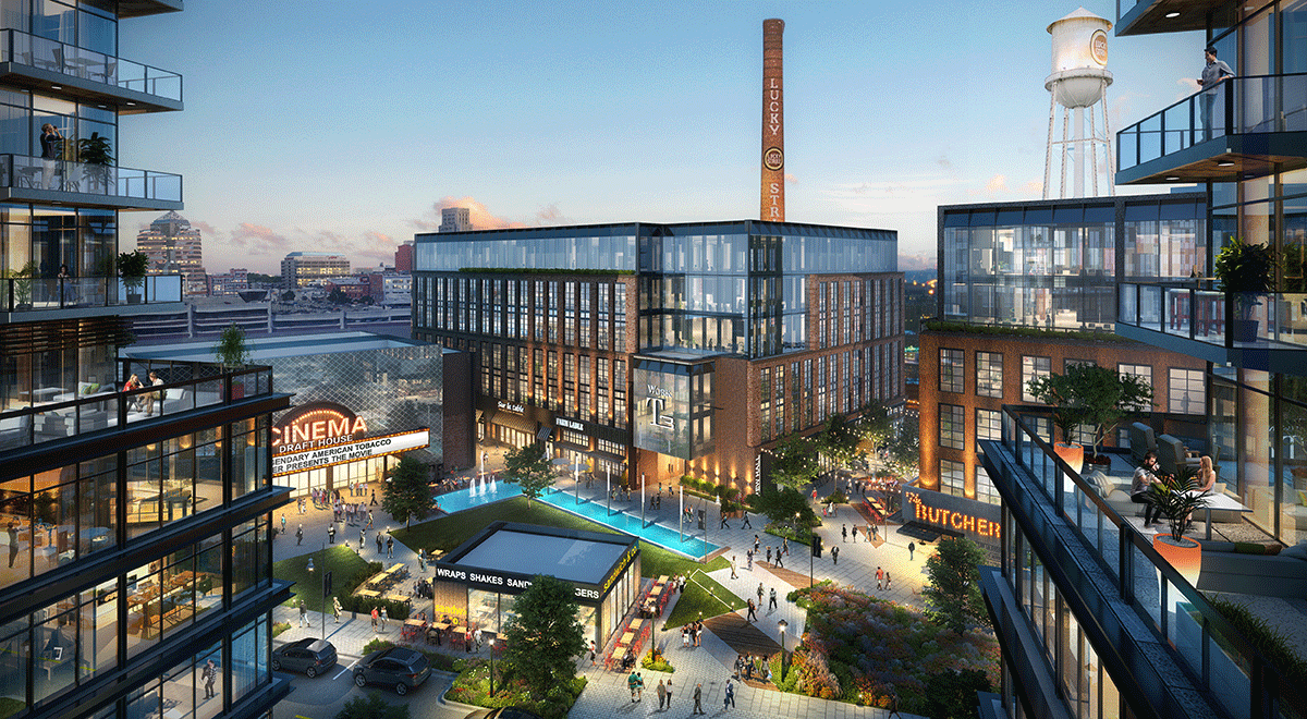 Renderings of a proposed expansion project for the American Tobacco Campus shows a mixed-use development with apartments, retail and commercial space.
