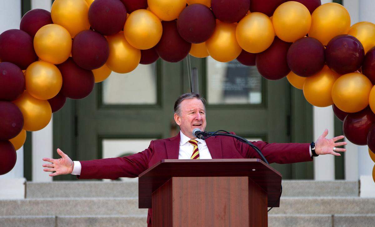 Florida State President Richard McCullough speaks to Seminole during FSU Day at the Capitol in Tallahassee, Fla. on March 21, 2023. The ACC on Wednesday argued that Florida State President Richard D. McCullough should resign from the conference’s Board of Directors and that the school, which is seeking to leave the conference, should have no say in league matters amid a legal fight that continues to grow more bitter.