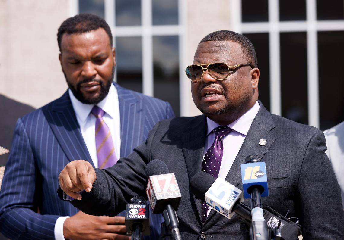 Harry Daniels, an attorney for the family of Javion Magee, speaks during a press conference in front of the Vance County Courthouse in Henderson, N.C. on Wednesday, Sept. 18, 2024. Magee, 21, was found dead by a tree with a rope around his neck in Henderson on Sept. 11.