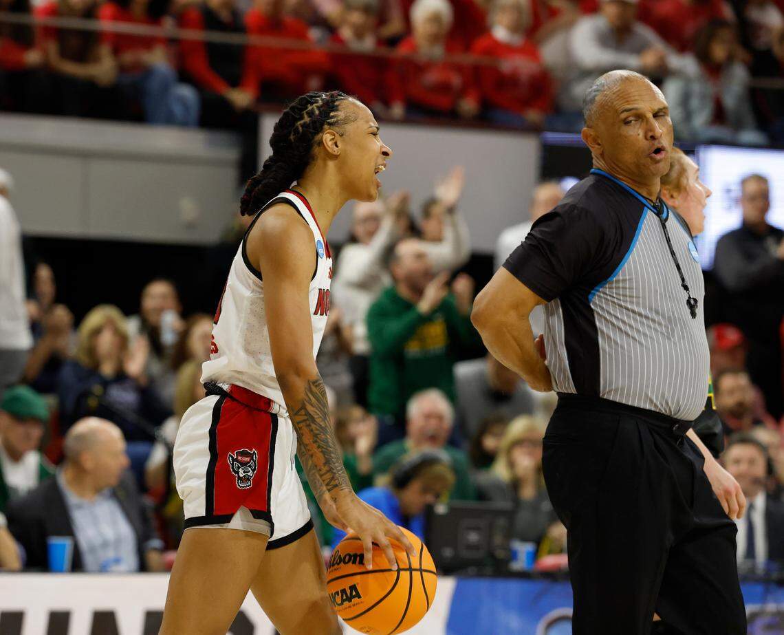N.C. State’s Aziaha James reacts to a call by an official during the first half of the Wolfpack’s first round NCAA Tournament game against Vermont on Saturday, March 22, 2025, at Reynolds Coliseum in Raleigh, N.C.