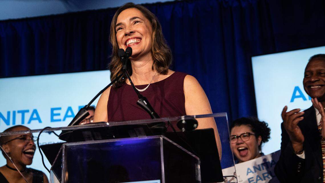 Democratic NC Supreme Court candidate Anita Earls thanks supporters while declaring victory during an election night event Tuesday, Nov. 6, 2018 at the NC Democratic Party Headquarters in Raleigh.