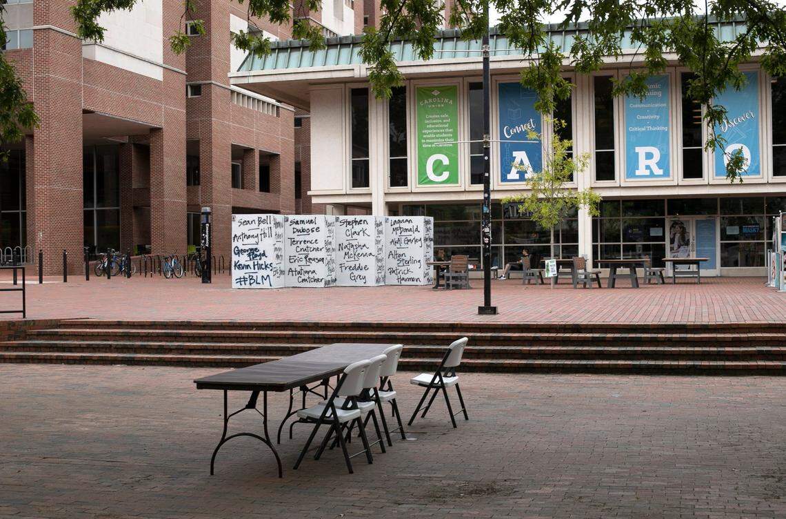 Normally bustling with students during the noon hour, The Pit, on the University of North Carolina campus is desolate on Thursday, August 20, 2020 in Chapel Hill, N.C. The Chapel Hill campus was very quiet on Thursday after all classes were moved to online after several clusters of the COVID-19 virus were found on campus earlier this week.