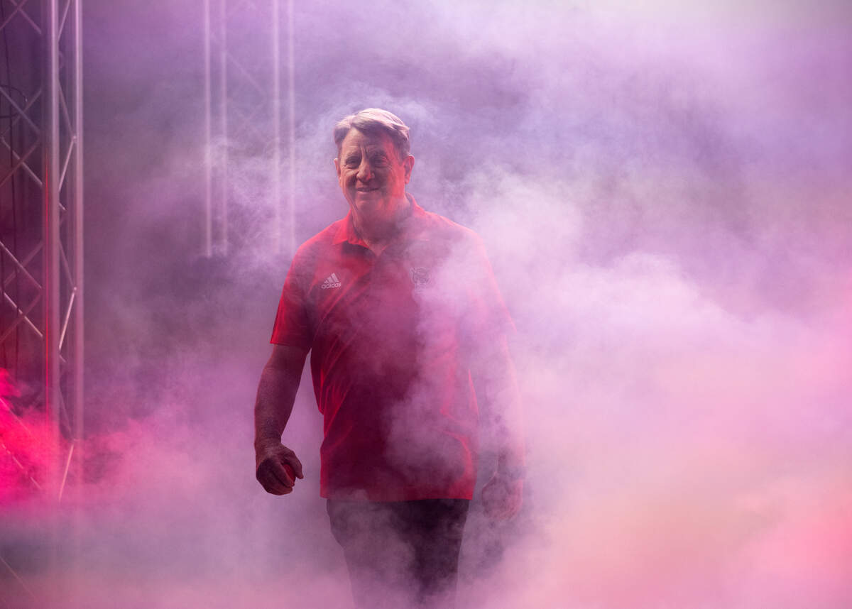 N.C. State women’s basketball head coach Wes Moore is introduced during the “Primetime with the Pack” preseason event on Thursday, Oct. 26, 2023, at Reynolds Coliseum in Raleigh, N.C.