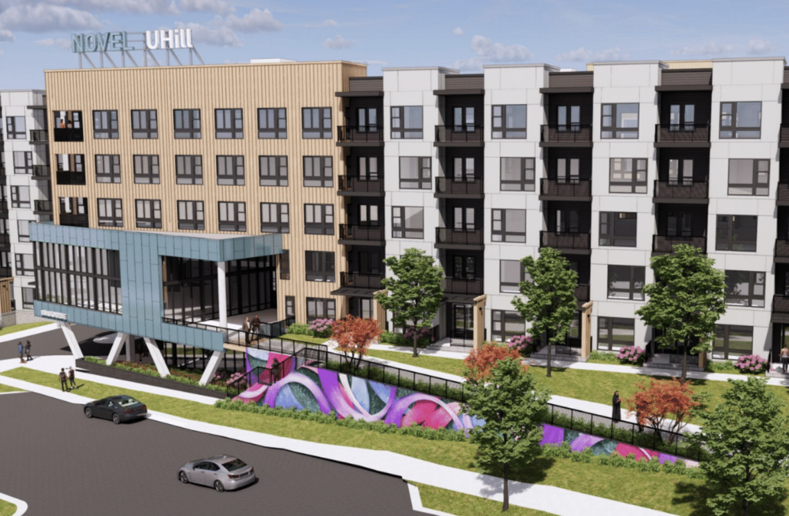 NOVEL UHill is a new multi-family rental community coming to Durham’s University Hill neighborhood. The rendering shows planned art installation, tying into the neighborhood’s UHill Walls.