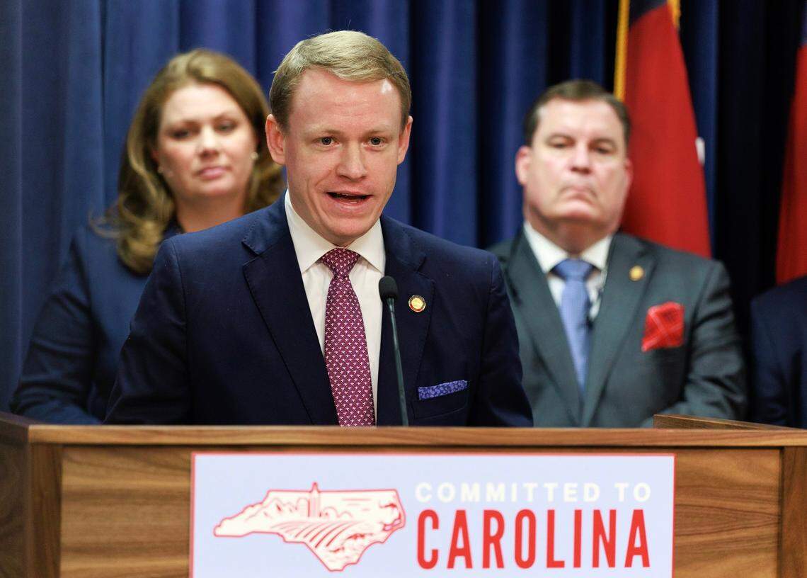 N.C. Speaker of the House Destin Hall speaks about the budget bill during a press conference at the Legislative Building on Tuesday, May 20, 2025, in Raleigh, N.C.