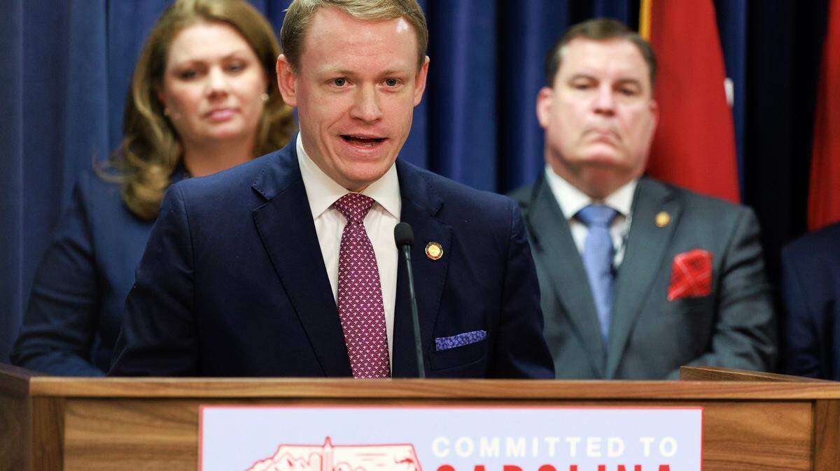 N.C. Speaker of the House Destin Hall speaks about the budget bill during a press conference at the Legislative Building on Tuesday, May 20, 2025, in Raleigh, N.C.