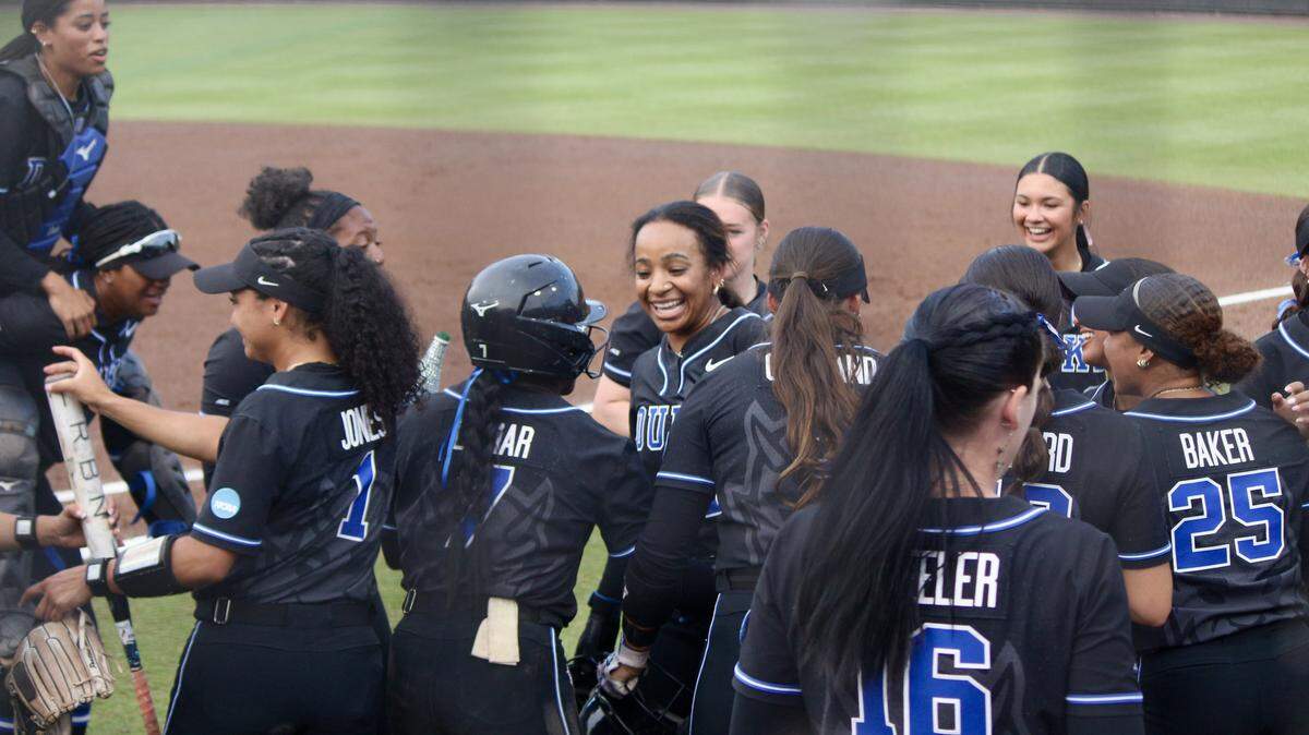 Duke celebrates after outfielder D’Auna Jennings hit a grand slam during the Blue Devils’ NCAA Tournament regional game against Marshall at Smith Family Stadium in Durham, NC, on May 16, 2026.