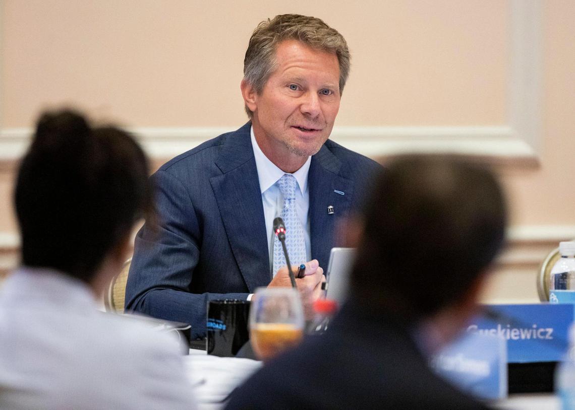 UNC-Chapel Hill Chancellor Kevin Guskiewicz makes remarks during a July 2021 Board of Trustees meeting at the Carolina Inn in Chapel Hill, N.C.