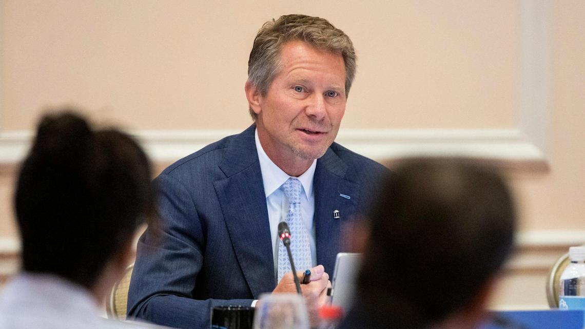 Chancellor Kevin Guskiewicz makes remarks during the UNC Board of Trustees meeting at the Carolina Inn, on Thursday, July 15, 2021, in Chapel Hill, N.C.