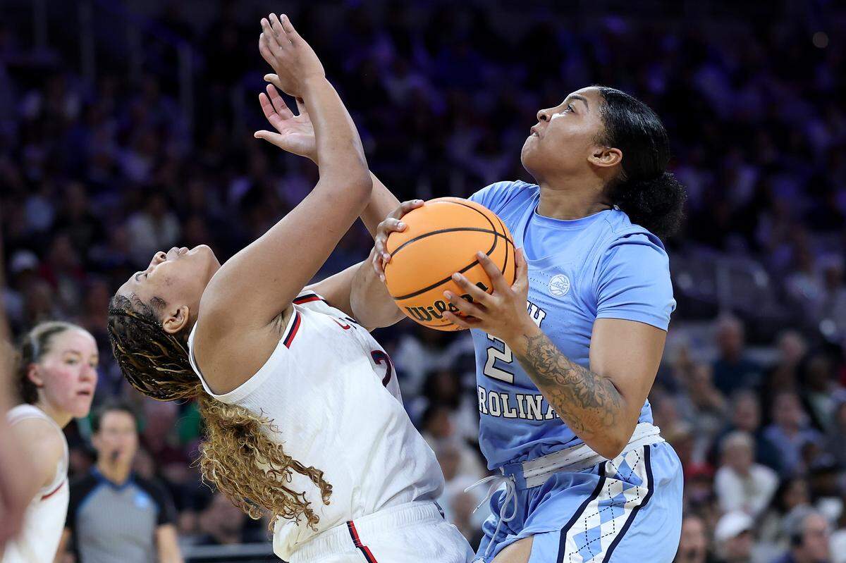 Nyla Harris (2) of the North Carolina Tar Heels drives to the basket against Sarah Strong of the UConn Huskies during the third quarter of the teams’ NCAA Women’s Basketball Tournament Sweet 16 game at Dickies Arena on March 27, 2026 in Fort Worth, Texas.
