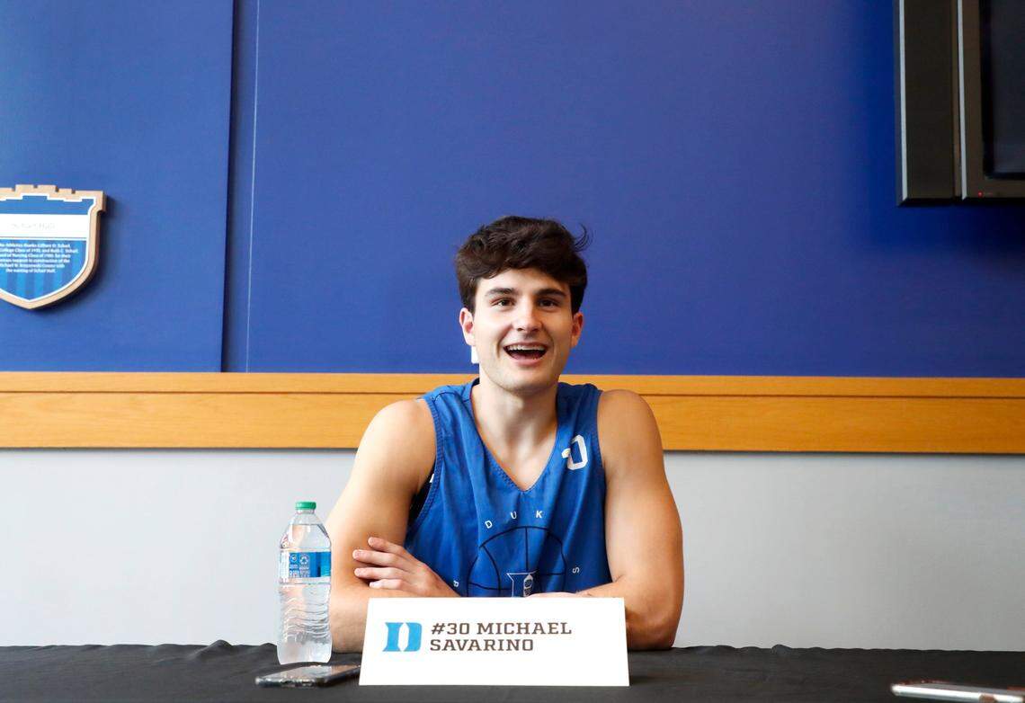 Dukes Michael Savarino answers a question during Duke mens basketball media day in Durham, N.C., Tuesday, September 28, 2021.