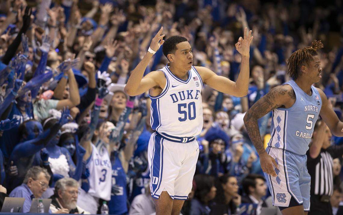 Duke’s Justin Robinson (50) reacts after sinking a three point basket to give the Blue Devils’ a 17-11 lead over North Carolina during the first half on Saturday, March 7, 2020 at Cameron Indoor Stadium in Durham, N.C.