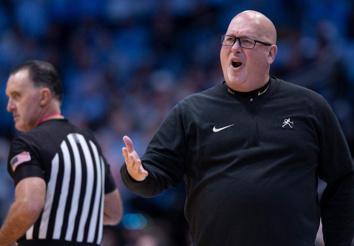 Wake Forest coach Steve Forbes reacts to a foul against his team in the first half against North Carolina on Monday, January 22, 2024 at the Smith Center in Chapel Hill, N.C.