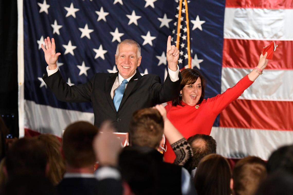 U.S. Sen. Thom Tillis of North Carolina and wife Susan wave after winning re-election during an election return party at Langtree Plantation in Mooresville, NC in Nov. 2020.