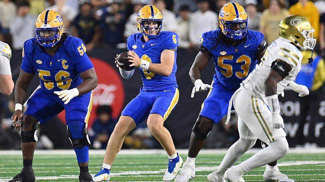 ATLANTA, GEORGIA - NOVEMBER 22: Mason Heintschel #6 of the Pittsburgh Panthers looks to make a pass play against the Georgia Tech Yellow Jackets during the third quarter at Bobby Dodd Stadium on November 22, 2025 in Atlanta, Georgia. (Photo by Paras Griffin/Getty Images)