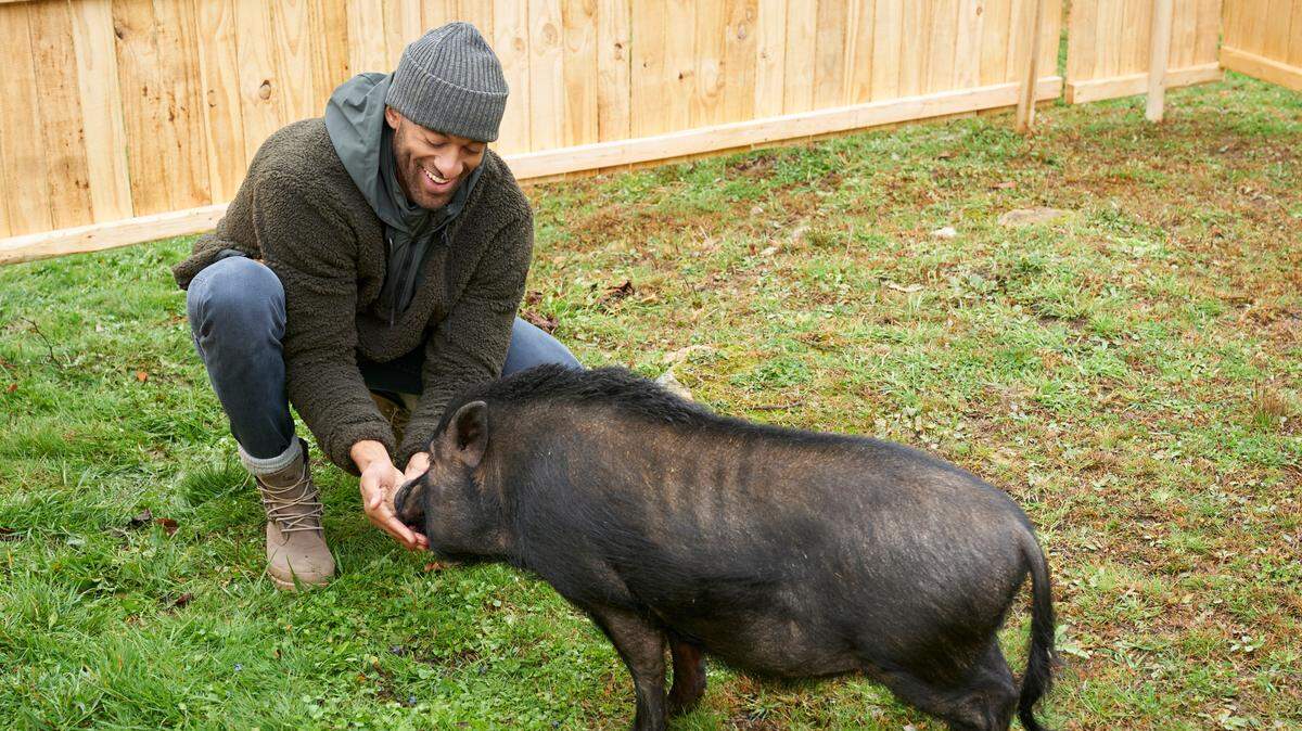Matt James, a Raleigh native, greets a hog in the Feb. 1, 2021, episode of “The Bachelor” on ABC.