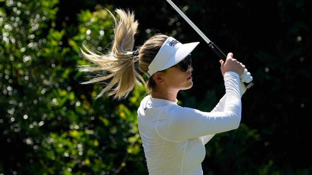 Michelle Wie West watches her shot on the 18th hole during a practice round for the the U.S. Women’s Open golf tournament at the Pine Needles Lodge & Golf Club in Southern Pines, N.C. on Wednesday, June 1, 2022. (AP Photo/Chris Carlson)